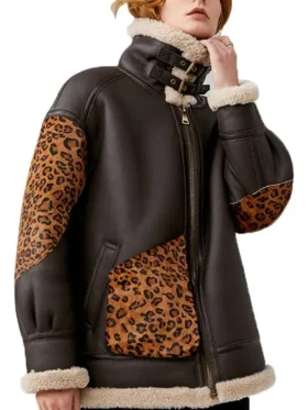 Jose Shearling Leather with Leopard Print Coffee Brown Short Coat