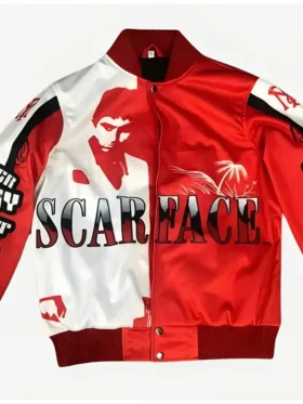 Al Pacino Scarface Satin Red and White Varsity Jacket