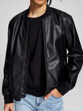 Buy Black Faux Leather Bomber Jacket