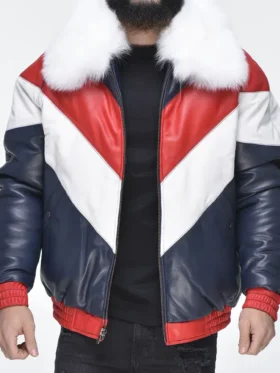 Buy V Bomber Jacket with Detachable White Faux Collar