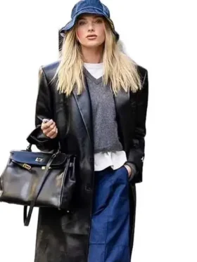 Elsa Hosk Street Style Black Leather Trench Coat