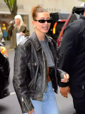 Hailey Bieber Black Zipper Cuffs Distressed Jacket