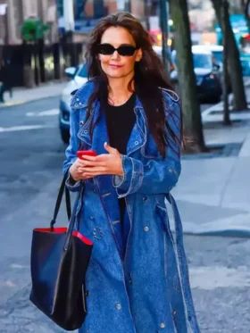 Katie Holmes Denim Studded Blue Leather Trench Coat