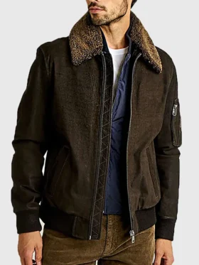 Mitchell Brown MA-1 Shearling Collar Bomber Leather Jacket