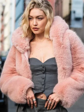 Order Gigi Hadid Hooded Pink Faux Fur Jacket