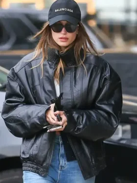 Shop Hailey Bieber Black Leather Jacket