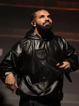Drake OVO OG Black Faux Leather Hoodie On Sale