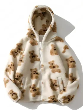 Bear Patterned Cream Polar Fleece Off-White Hoodie For Men And Women