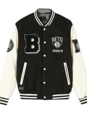 Brooklyn Nets Black and Off White Varsity Jacket