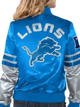 Detroit Lions Tie Breaker Women Blue Satin Starter Bomber Jacket Back