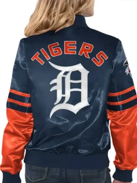 Detroit Tigers Tie Breaker Navy Satin Starter Zip Bomber Jacket Back