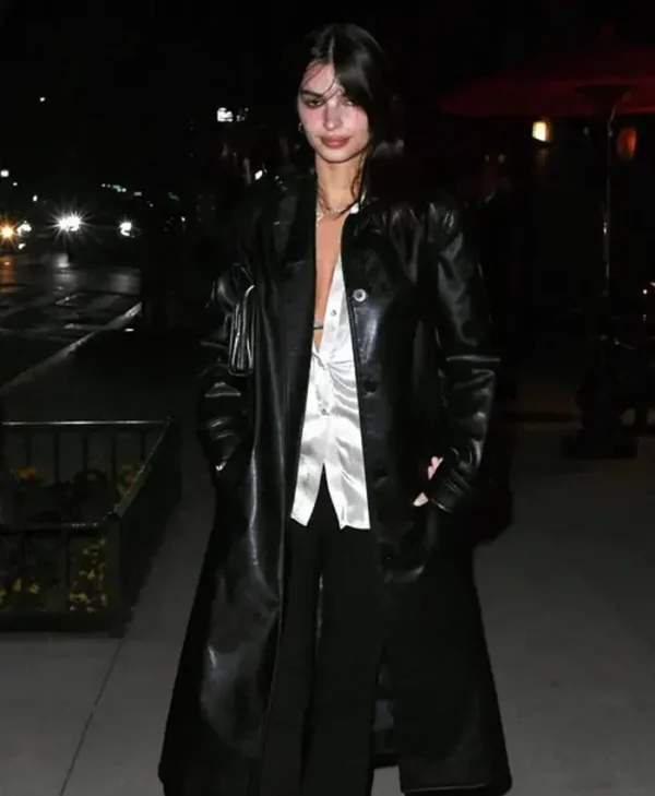 Emily Ratajkowski Black Leather Trench Coat