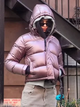 Emily Ratajkowski NYC Pink Puffy Hooded Jacket