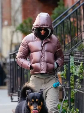 Emily Ratajkowski NYC Pink Puffy Hooded Jacket For Women