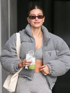 Hailey Bieber Grey Puffer Jacket