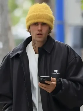 Justin Bieber 2024 Goes for Stroll in WeHo Black Leather Jacket