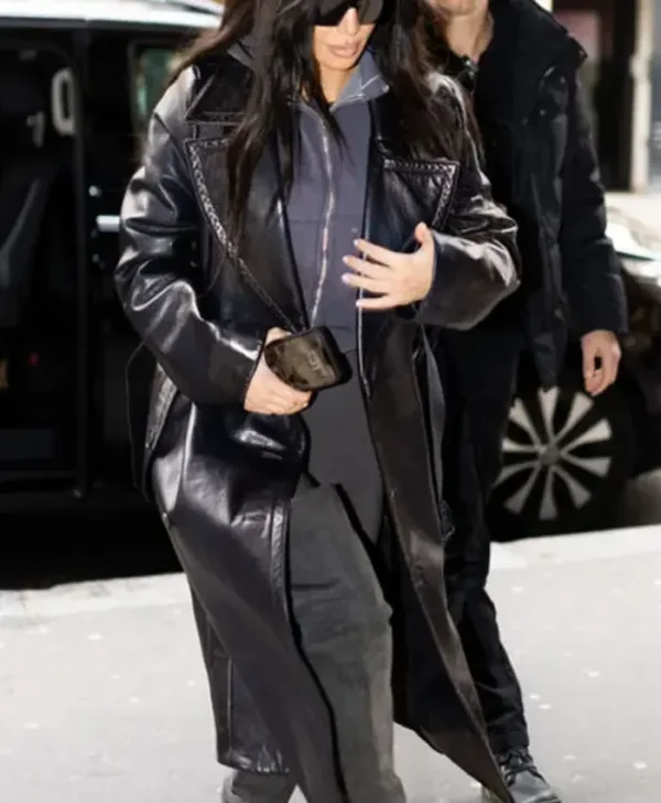Kim Kardashian Trench Black Leather Coat