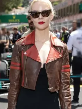 Anya Taylor Joy F1 GP Monaco Brown Biker Leather Jacket