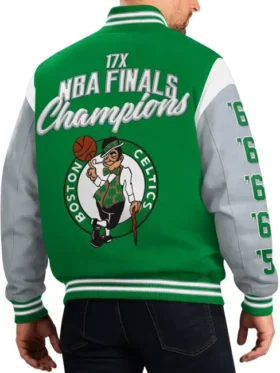 Boston Celtics Franchise Green and Gray Varsity Jacket Back